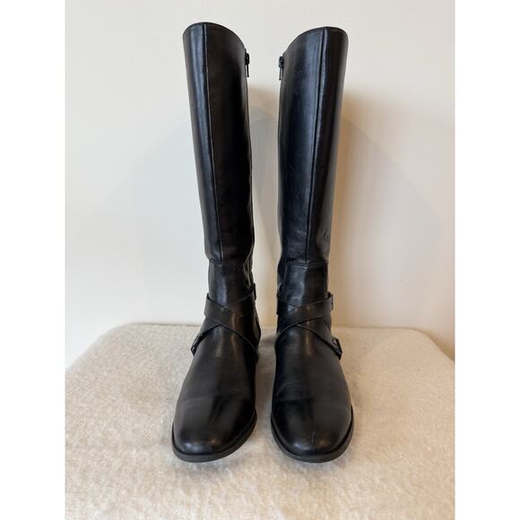 Nine West Women’s 10 Blogger Harness Riding Boots Mid Calf Black Leather Preppy - Picture 2 of 13